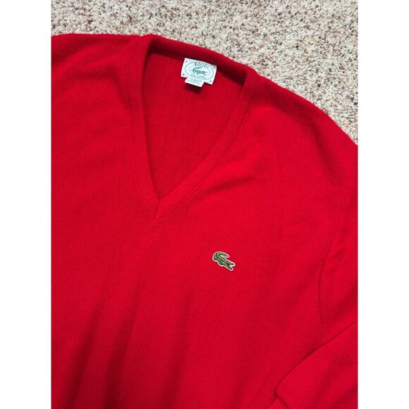 Vintage 70s - 80's IZOD Lacoste Men's Sweater, size Large, Bright Red, V Neck - Picture 3 of 9